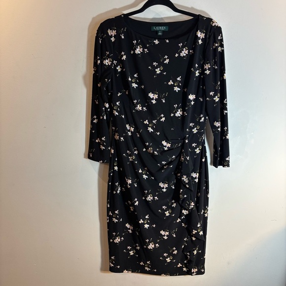RALPH LAUREN LRL Sz 10 Amadora Jersey Knit Floral Black Long Sleeve Ruffle Dress - Picture 2 of 10